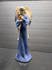 Vintage Blue Robed Angel Figurine, Ceramic, 12" Tall, Holding Book, Detailed Wings