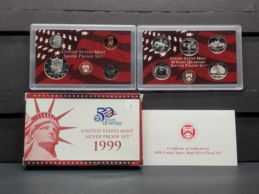 1999-S U.S. Mint Silver Proof Set, First Year State Quarters, 9 Coin Key Date Set, 7 are 90% Silver,