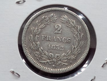1832-B  French 2 Francs Coin, 90% Silver.