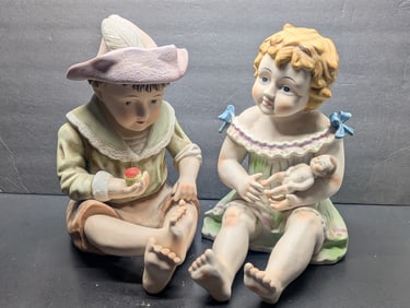 Vintage Bisque Porcelain Figurines - Boy with Hat & Girl Holding Doll - Large 12" Pair