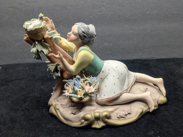 Flambro Fine Porcelain Figurine, Girl Reaching for Bird's Nest with Baby Birds, Colorful Flowers at