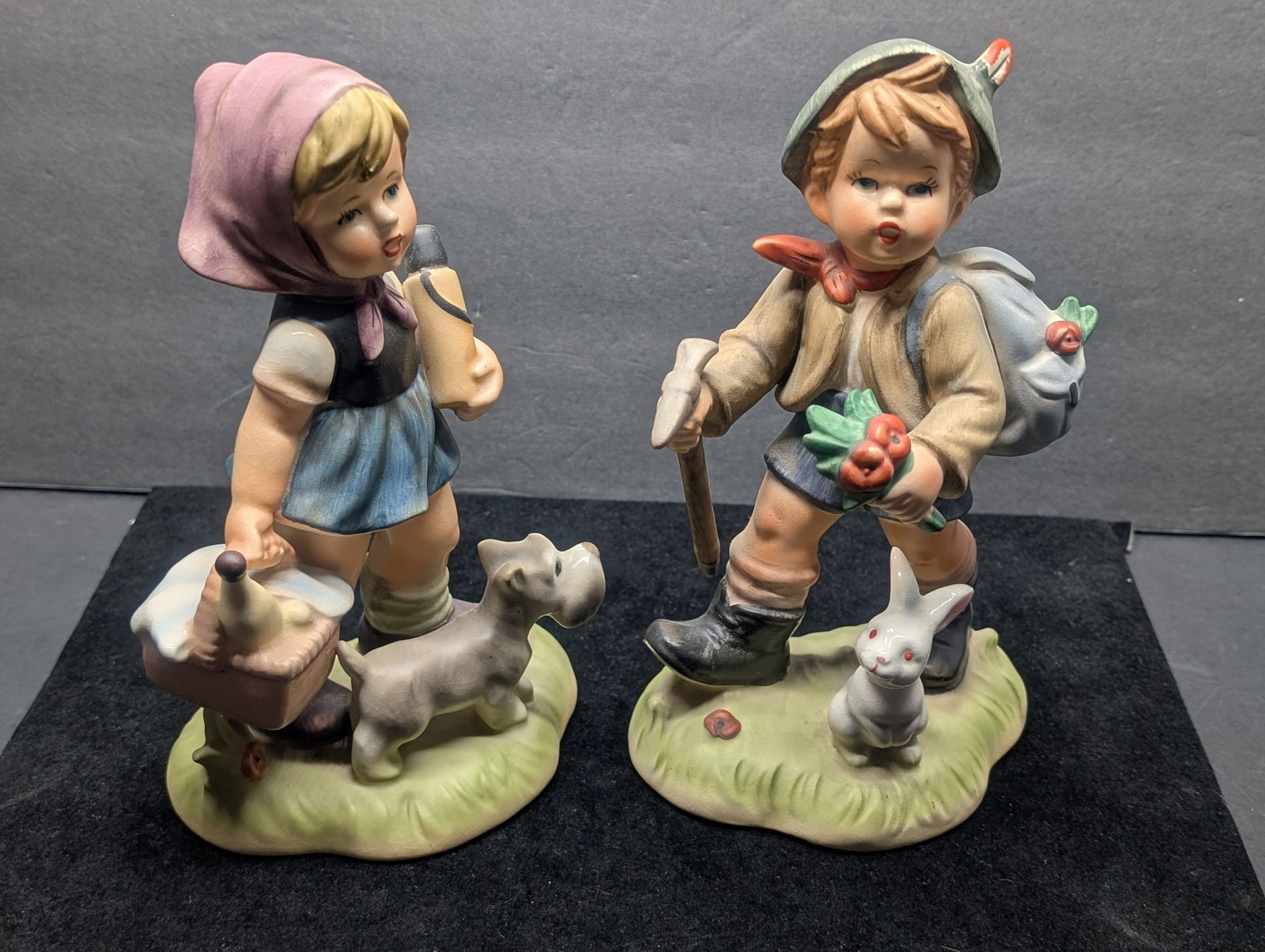 Pair of Westland Co. Japan Figurines - Boy with Rabbit & Hiking Stick, Girl with Dog & Basket: Pair of Westland Co. Japan Figurines - Boy with Rabbit & Hiking Stick, Girl with Dog & Basket