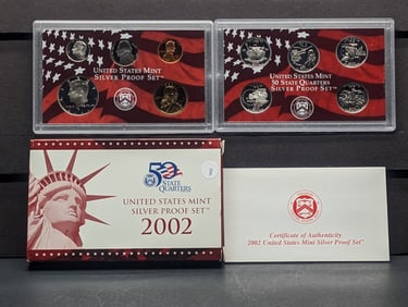 2002-S U.S. Mint Silver 10 Coin Proof Set, 7 Coins are 90% Silver, in OGP with COA