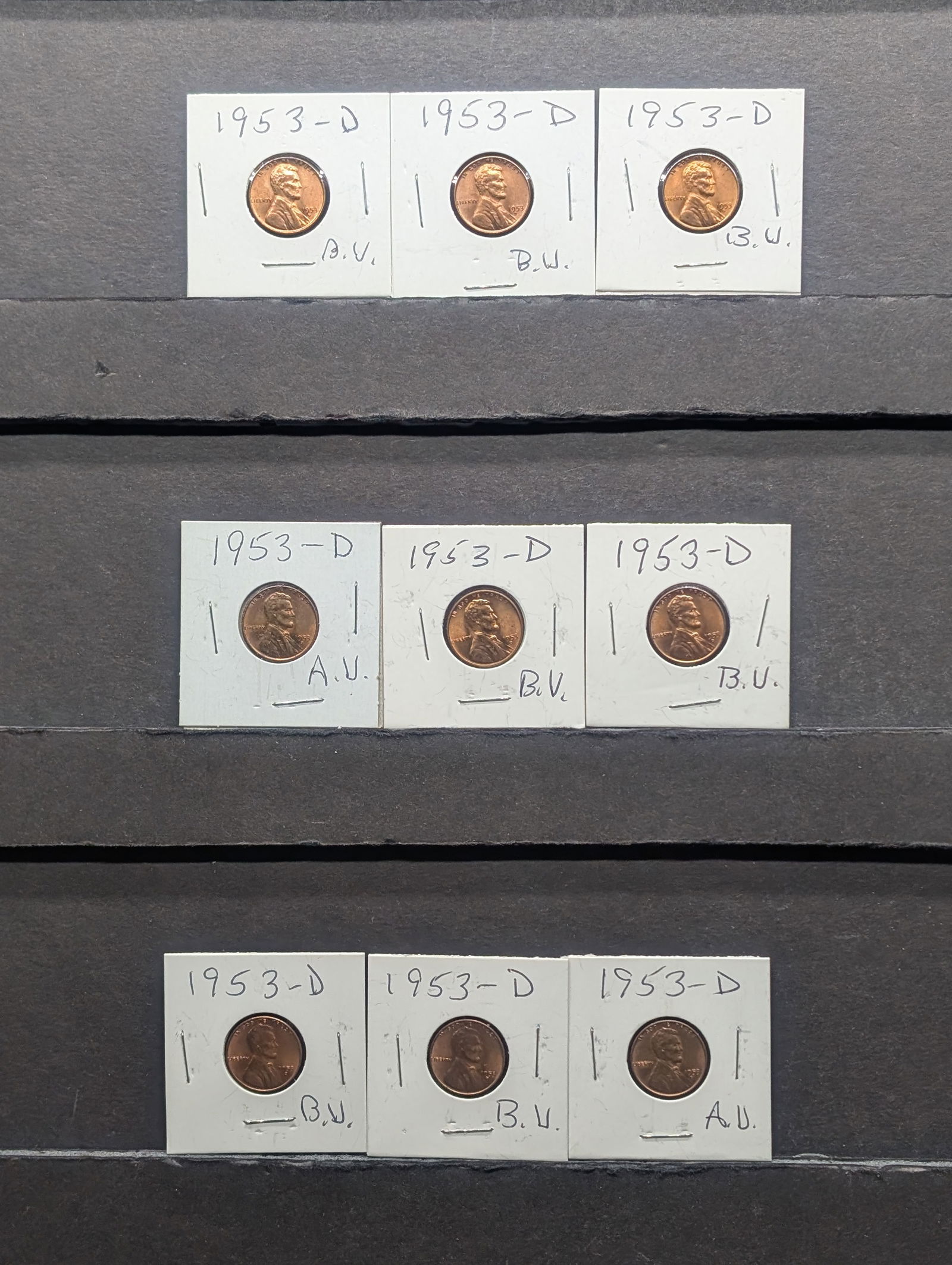 (9) 1953-D Lincoln Wheat Cents, Carded (1 of 5)