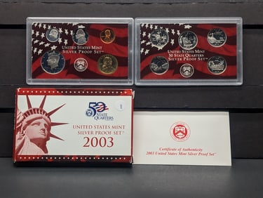 2003-S U.S. Mint Silver 10 Coin Proof Set, 7 Coins are 90% Silver, in OGP with COA