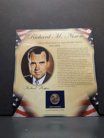 2016 Nixon Presidential Dollar With Two Mint Stamps, Mint, Original Gum, Never Hinged