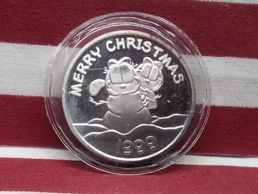 1999 Garfield Collectible Merry Christmas 1 Ounce .999 Fine Silver Round