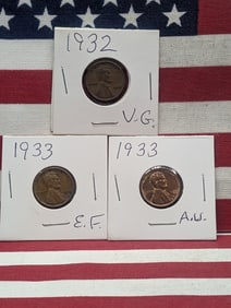 1932 & (2) 1933 Lincoln Wheat Cents