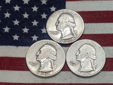 3, 1947 D,D,P, 90% Silver, Washington Quarters, Over 78 Years Old!