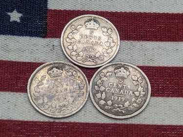 1917, 1918 & 1919, .925% Sterling Silver-Great Details, Canada 5c, Over 100 Years Old!