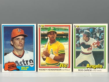 1980 Topps Nolan Ryan #240, 1981 Donruss Rickey Henderson 2nd Year #119, & Rod Carew #49