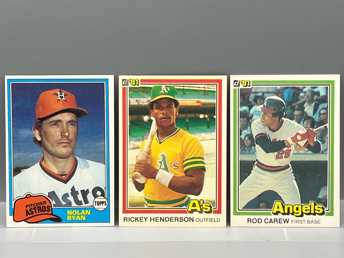 1980 Topps Nolan Ryan #240, 1981 Donruss Rickey Henderson 2nd Year #119, & Rod Carew #49 (1 of 2)