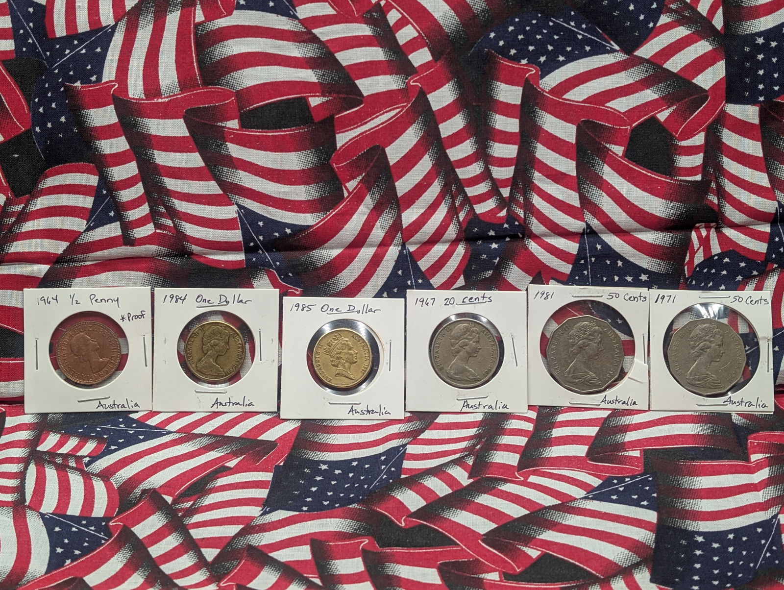 (6) Australia Coins, 1984 & 95 One Dollar, 1981 & 71 50 Cents, 1964 Half Penny