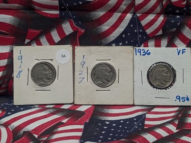 (3) Buffalo Nickels 1918, 1927, 1936