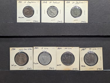 (7) Italy Coins, (3) 1931 10 Centesimi, 1908 20 Centesimi, 1918 20 Centesimi, (4) 1904 1 Lira, 1950
