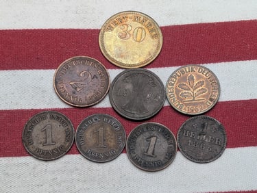 (7) Germany Coins, 1871-1948 30 Wert-Mark Token, 1865-1 Heller, (5) Pfenning-1874A-1866A-1,