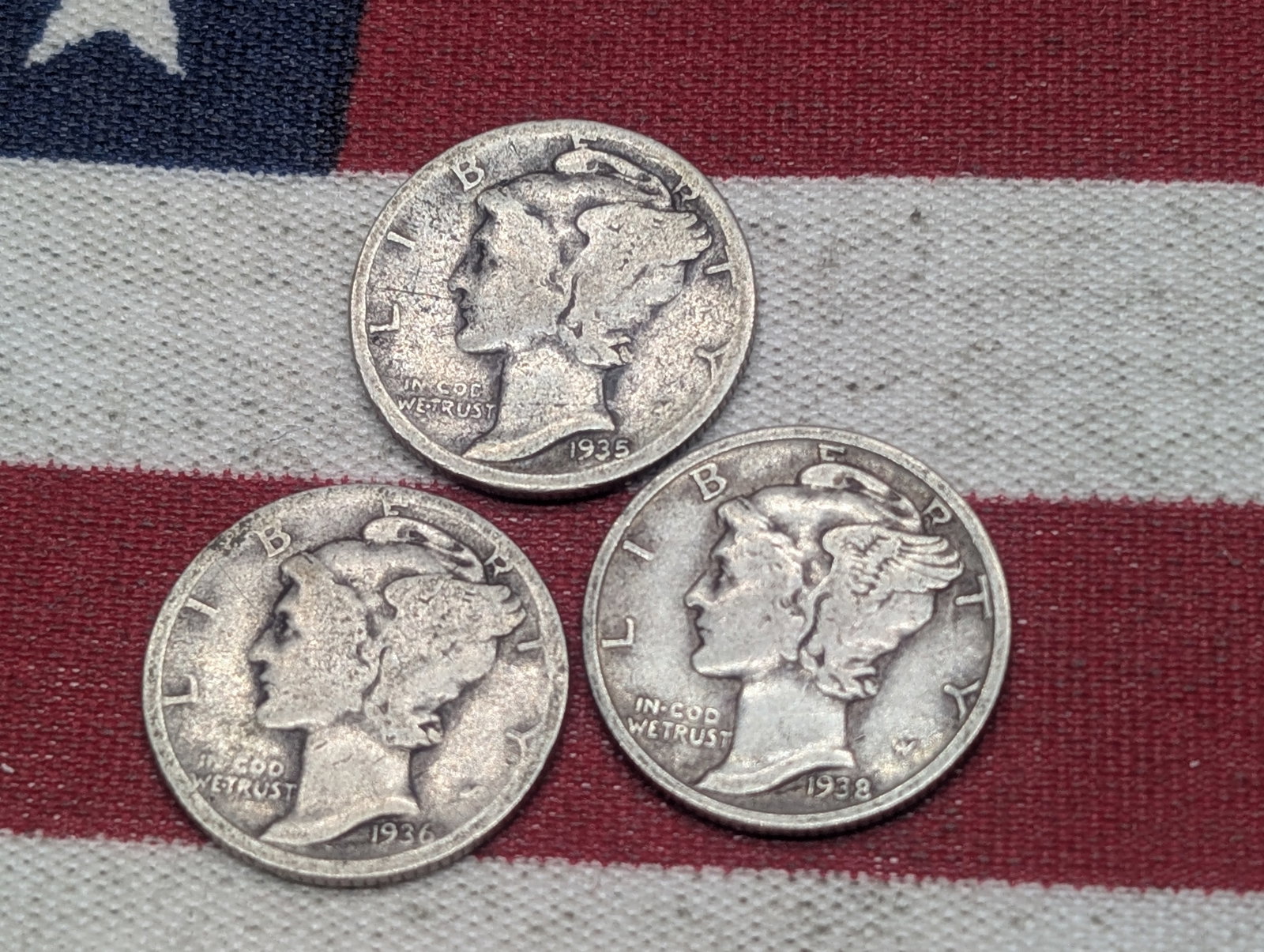 (3) Mercury Dimes 1935-S, 1936-P, 1938-S: (3) Mercury Dimes 1935-S, 1936-P, 1938-S