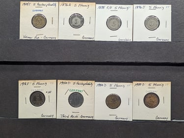 (8) 5 Pfenning, 1875E/F, 1876A, 1876J, 1916F, (2) 1950D, 1924J Rentenpfennig & 1940D Reichspfenning