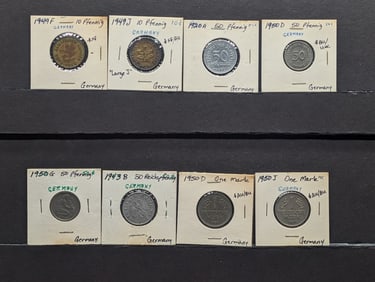 (8) Germany Coins, 1949F & 49 Large J-10 Pfennning,1920A-50 & 1950 D &G 50 Pfenning, 1943- B 50