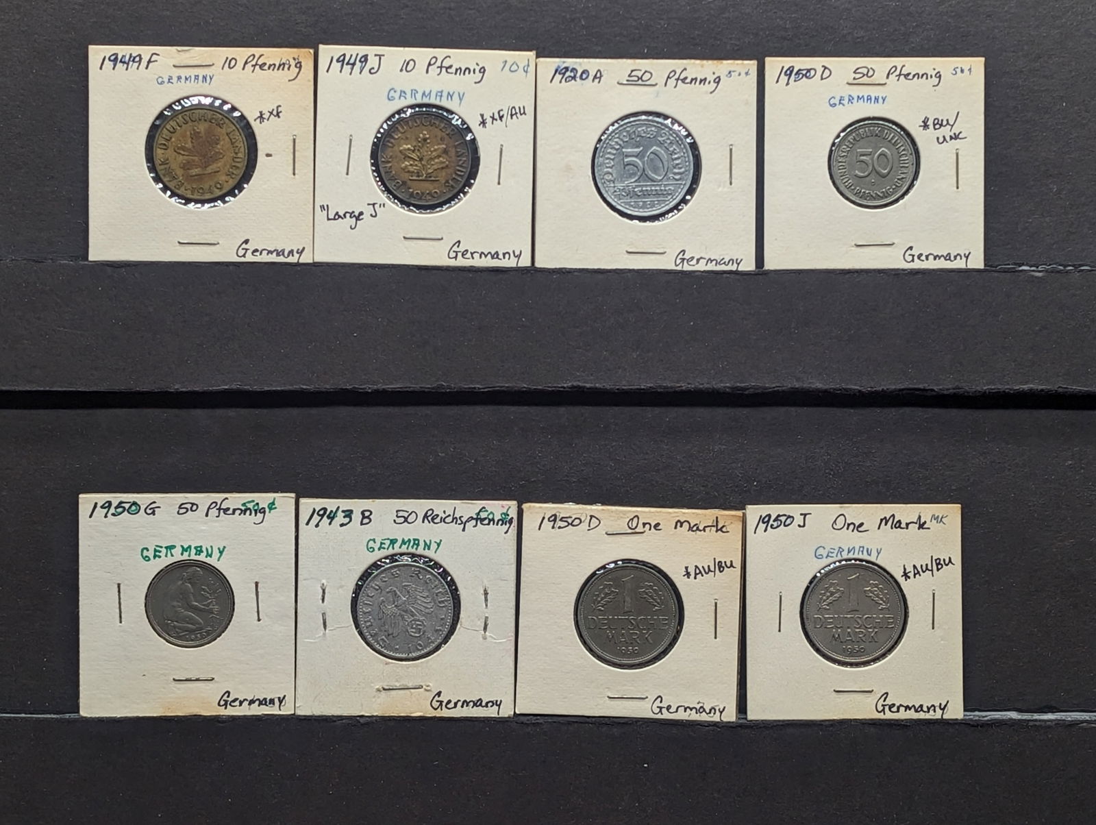 (8) Germany Coins, 1949F & 49 Large J-10 Pfennning,1920A-50 & 1950 D &G 50 Pfenning, 1943- B 50 (1 of 9)