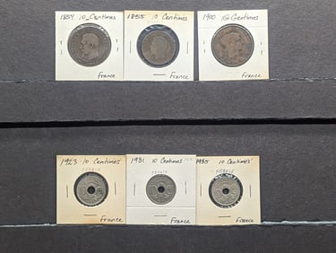 (6) France 10 Centimes, 1854, 1855, 1900, 1923, 1931, 1935