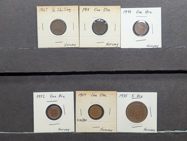 Norway 1867 Half Skilling, 1913, 1948, 1952, 1957 One Ore & 1935 5 Ore