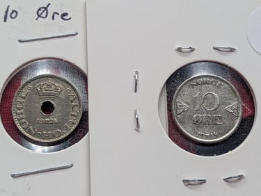 Norway 1914 10 Ore 40% Silver, 1924 10 Ore