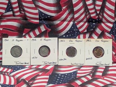 4 Switzerland Coins, 2-1952 One Rappen, 1902- 5 Rappen, 1900-10 Rappen