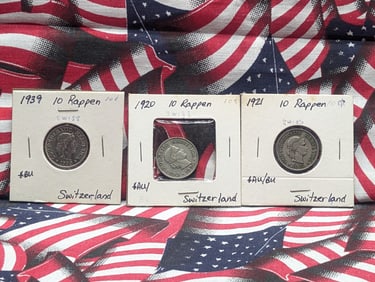 3 Switzerland Coins, 1920,1921,1939-10 Rappen