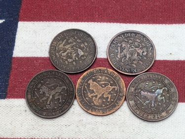 5- Netherlands Coins 2-1878, 1-1882, 1914,1919 One Cent
