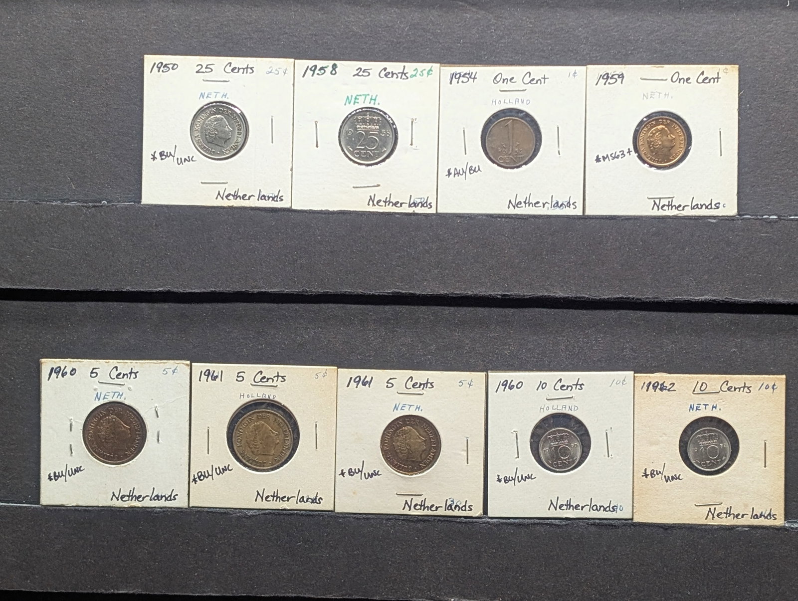 9- Netherlands Coins, 1954, 1959 One Cent, 1960, 2-1961 5 Cents, 1960, 1962-10 Cents, 1950, 1958-25: 9- Netherlands Coins, 1954, 1959 One Cent, 1960, 2-1961 5 Cents, 1960, 1962-10 Cents, 1950, 1958-25 Cents