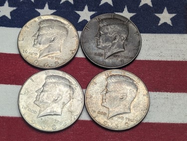 (4) Kennedy Half Dollars 1965, 1967. 1968-D 1969-D 40% Silver