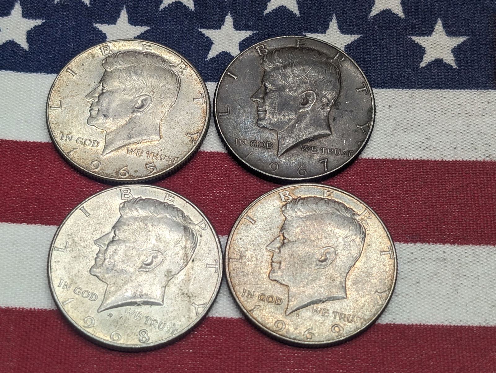 (4) Kennedy Half Dollars 1965, 1967. 1968-D 1969-D 40% Silver (1 of 2)