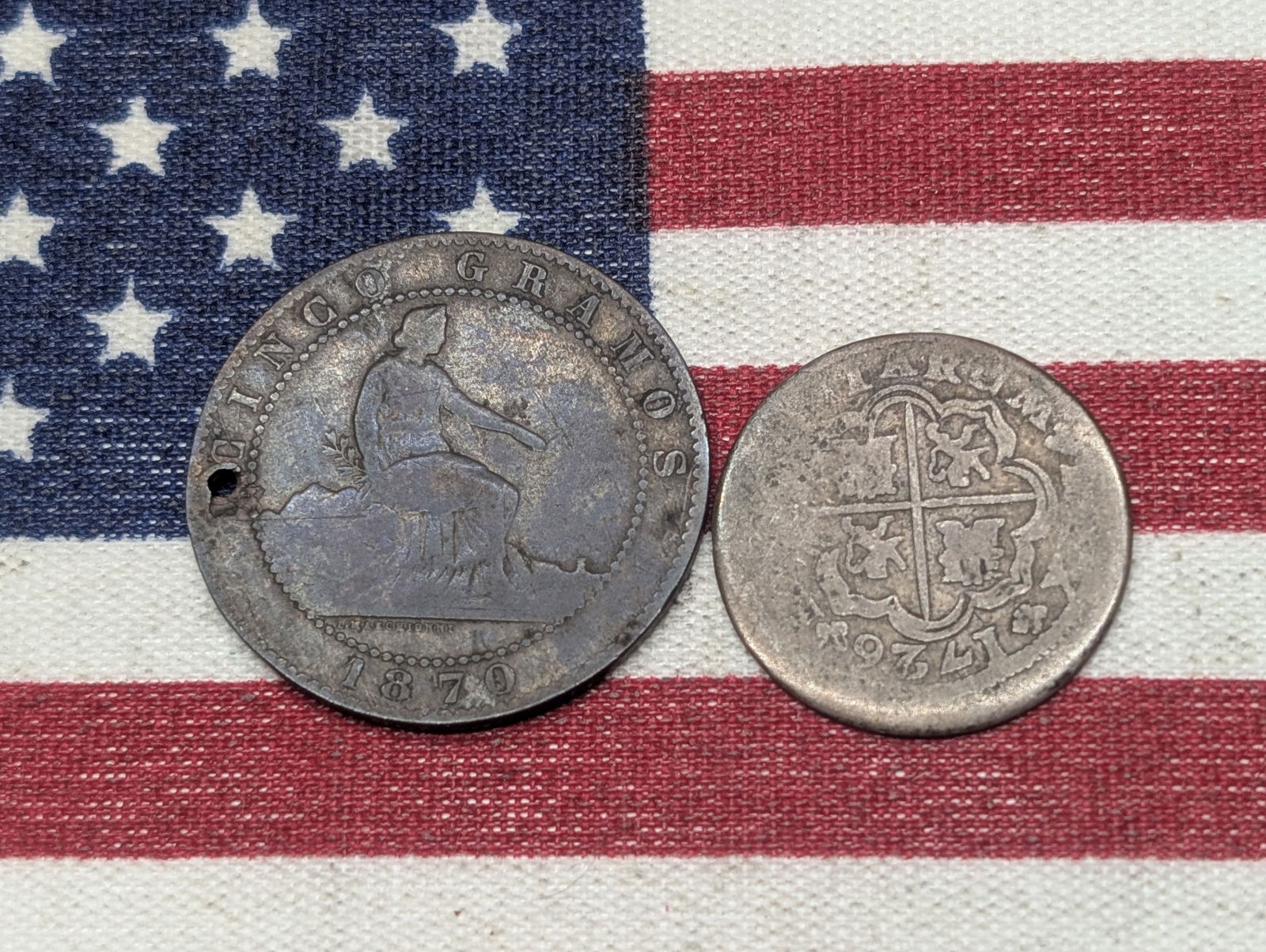 1870 Spain 5 Centimos (holed), Philip V (1700–1726) 1 Real Silver (1 of 2)