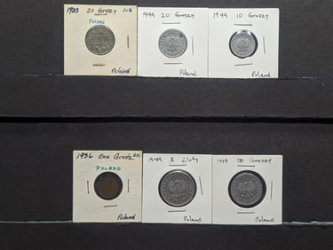 6 Poland Coins, 1936 One Groszy, 1949 Ten Groszy, 1923, 1949-20 Groszy,1949-50 Groszy & 1949-One