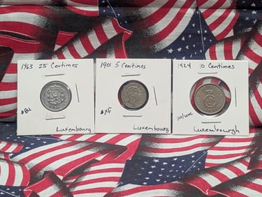 3-Luxembourg Coins, 1901-5 Centimes, 1924-10 Centimes, 1963-25 Centimes