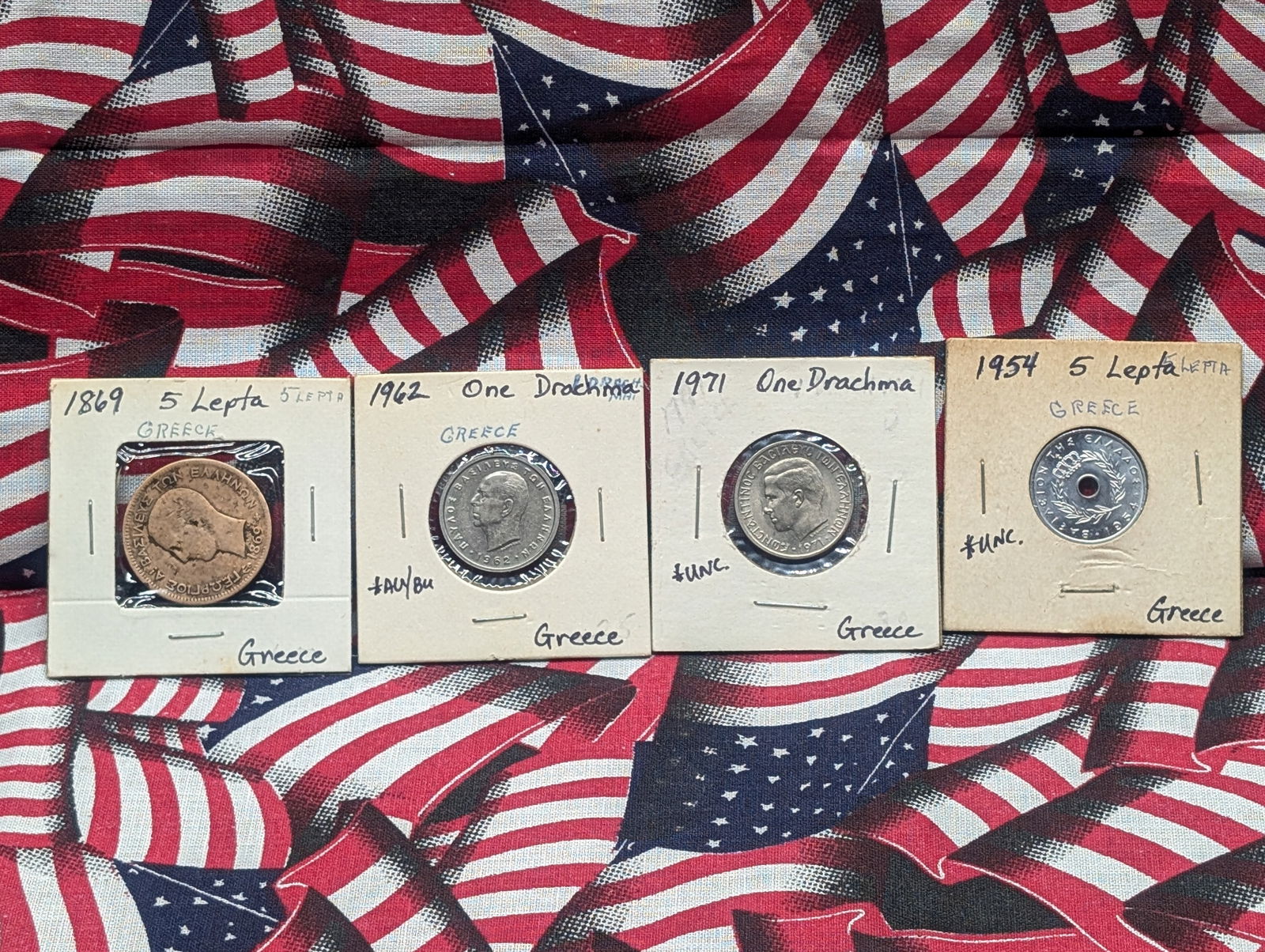 4-Greece Coins, 1869 & 1954 -5 Leta, 1962 & 1971-One Drachma (1 of 5)