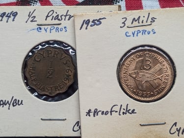 2-Cyprus Coins, 1955-3 Mils, 1949 1/2 Piastre