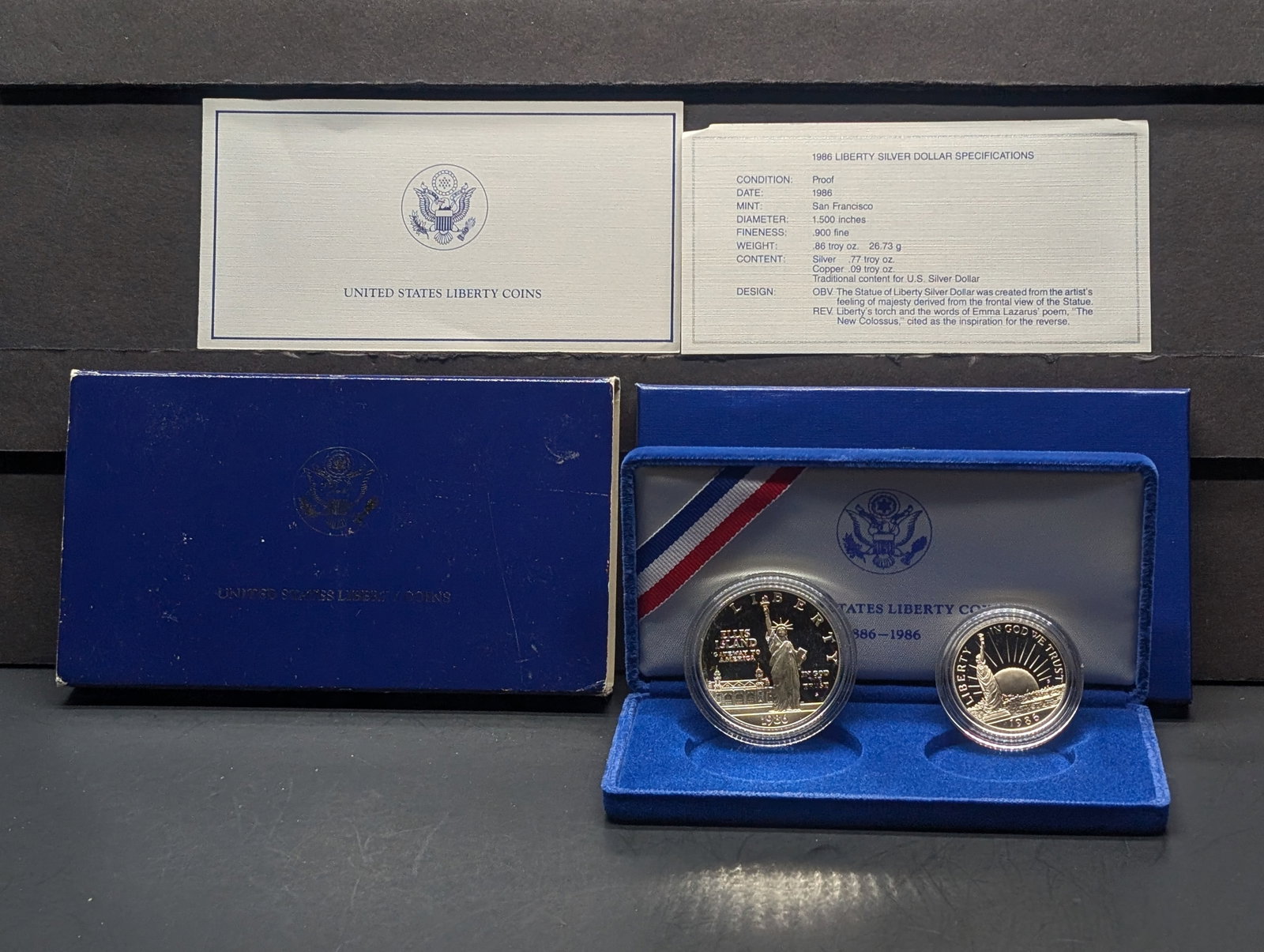1986-S Liberty Silver Dollar & 1986-S Liberty Clad Half Dollar in OGP w/ COA: 1986-S Liberty Silver Dollar & 1986-S Liberty Clad Half Dollar in OGP w/ COA