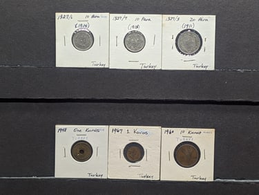 6-Turkey Coins, 1327-6 (1914) & 1327-7 (1915) 10 Para, & 1327-3 (1911) 20 Para, 1948,1960,1967