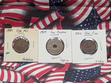 1927 One Mil Palestine, 1929 One Piastre Syra, 1952 One Pica India