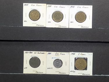 6 Morocco Coins, 1921-1924 Fifty Centimes, 3-1945 & 1951 One Franc, & 1949 Two Franc