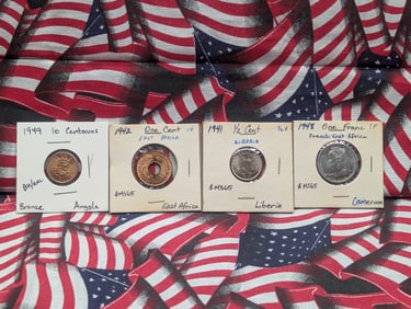 4 Foreign Coins, 1949 Ten Centavos, Angola, 1941 Half Cent Liberia, 1948 One Franc French E.