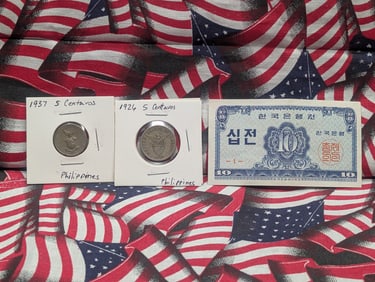 1962 Ten Jeon Bank of South Korea Currency & 1926 & 1937 Five Centavos Philippines