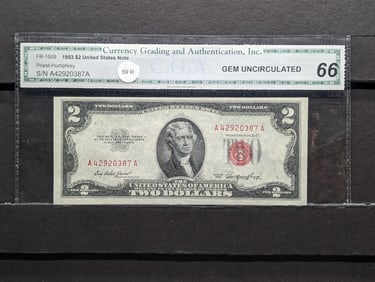 1953 $2 Red Seal CGA GEM UNC 66