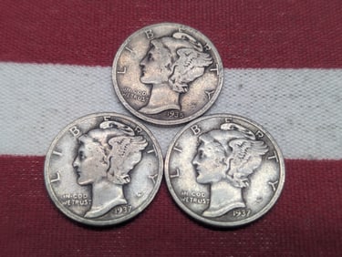 (3) Mercury Dimes 1937P, S, 1935-S
