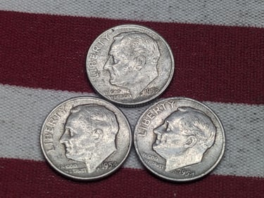(3) Roosevelt Dimes 1955-D, 1954-P, D