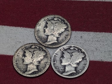 (3) Mercury Dimes 1917-P, 1918-S, 1919-P
