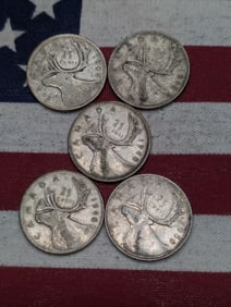 5- Assorted Canadian 25 Cents, Mixed Dates