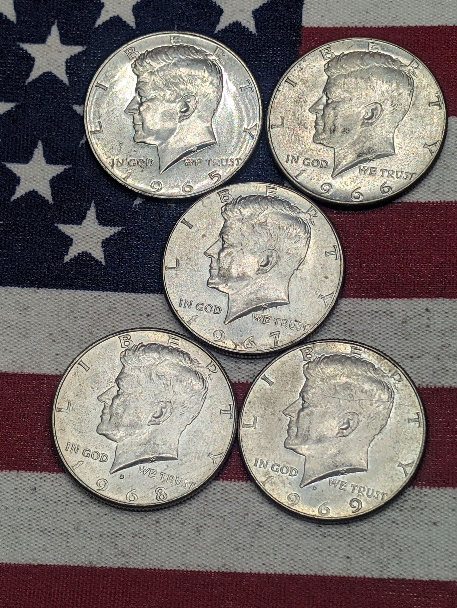 Five 40% Silver Kennedy Half Dollars 1965, 1966, 1967, 1968-D, 1969-D (1 of 2)